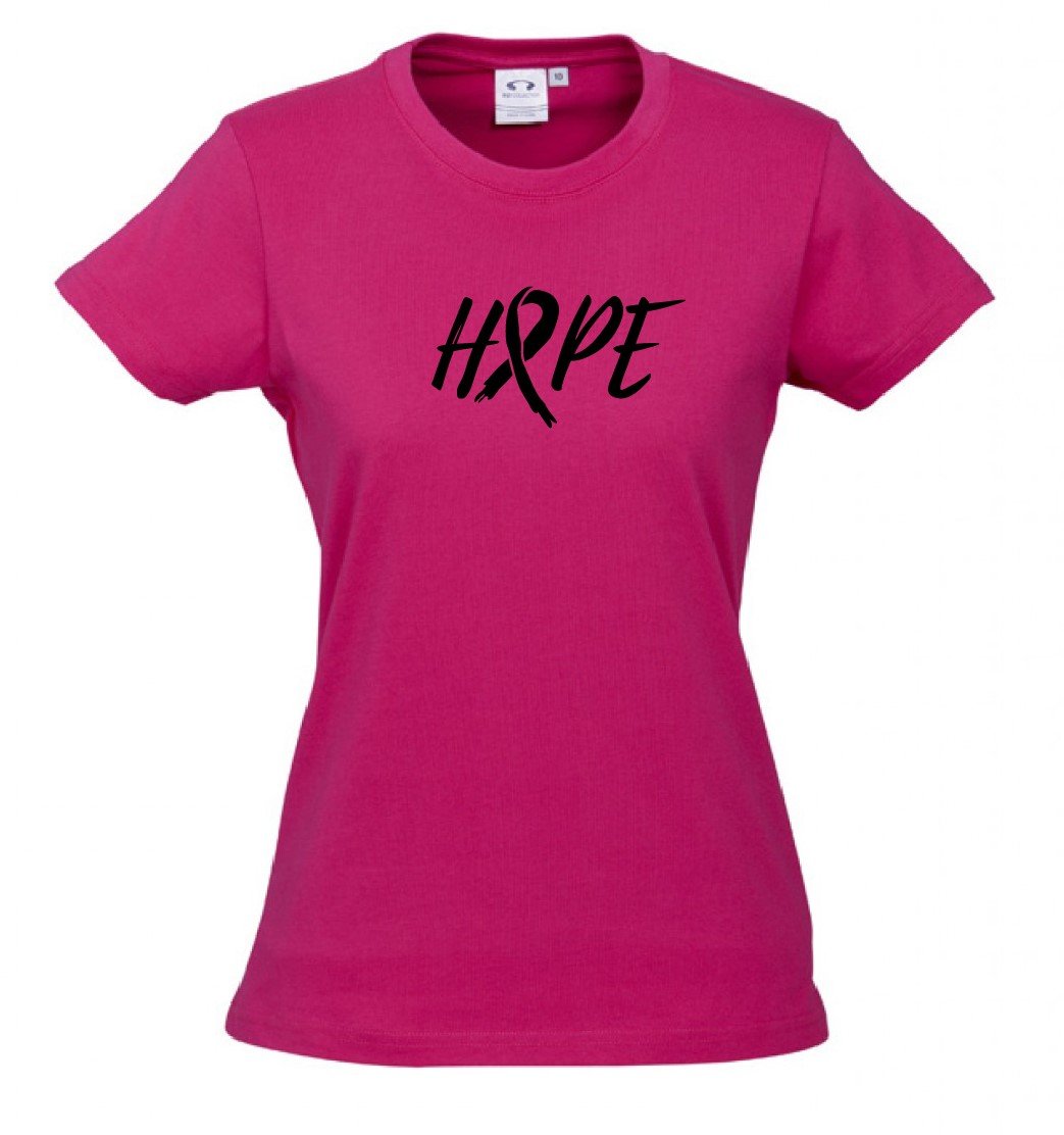 Women Ice Cotton Hot Pink T-Shirt with Black Hope Ribbon logo